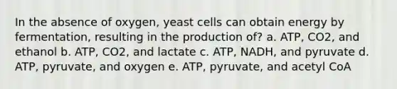 In the absence of oxygen, yeast cells can obtain energy by fermentation, resulting in the production of? a. ATP, CO2, and ethanol b. ATP, CO2, and lactate c. ATP, NADH, and pyruvate d. ATP, pyruvate, and oxygen e. ATP, pyruvate, and acetyl CoA