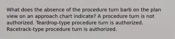 What does the absence of the procedure turn barb on the plan view on an approach chart indicate? A procedure turn is not authorized. Teardrop-type procedure turn is authorized. Racetrack-type procedure turn is authorized.