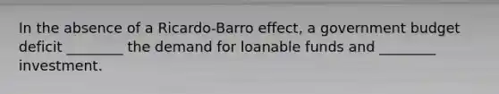 In the absence of a Ricardo-Barro effect, a government budget deficit ________ the demand for loanable funds and ________ investment.