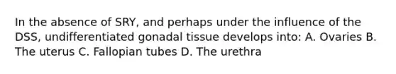 In the absence of SRY, and perhaps under the influence of the DSS, undifferentiated gonadal tissue develops into: A. Ovaries B. The uterus C. Fallopian tubes D. The urethra