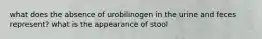 what does the absence of urobilinogen in the urine and feces represent? what is the appearance of stool