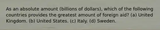 As an absolute amount (billions of dollars), which of the following countries provides the greatest amount of foreign aid? (a) United Kingdom. (b) United States. (c) Italy. (d) Sweden.