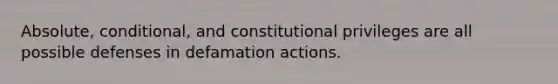 Absolute, conditional, and constitutional privileges are all possible defenses in defamation actions.