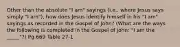 Other than the absolute "I am" sayings (i.e., where Jesus says simply "I am"), how does Jesus identify himself in his "I am" sayings as recorded in the Gospel of John? (What are the ways the following is completed in the Gospel of John: "I am the _____"?) Pg 669 Table 27-1