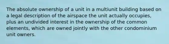 The absolute ownership of a unit in a multiunit building based on a legal description of the airspace the unit actually occupies, plus an undivided interest in the ownership of the common elements, which are owned jointly with the other condominium unit owners.