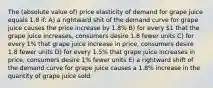 The (absolute value of) price elasticity of demand for grape juice equals 1.8 if: A) a rightward shit of the demand curve for grape juice causes the price increase by 1.8% B) for every 1 that the grape juice increases, consumers desire 1.8 fewer units C) for every 1% that grape juice increase in price, consumers desire 1.8 fewer units D) for every 1.5% that grape juice increases in price, consumers desire 1% fewer units E) a rightward shift of the demand curve for grape juice causes a 1.8% increase in the quantity of grape juice sold