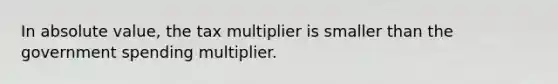 In absolute​ value, the tax multiplier is smaller than the government spending multiplier.