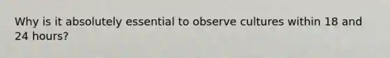 Why is it absolutely essential to observe cultures within 18 and 24 hours?