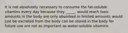 ​It is not absolutely necessary to consume the fat-soluble vitamins every day because they _____. ​would reach toxic amounts in the body ​are only absorbed in limited amounts ​would just be excreted from the body ​can be stored in the body for future use ​are not as important as water-soluble vitamins