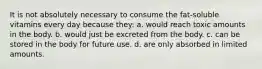 It is not absolutely necessary to consume the fat-soluble vitamins every day because they: a. would reach toxic amounts in the body. b. would just be excreted from the body. c. can be stored in the body for future use. d. are only absorbed in limited amounts.