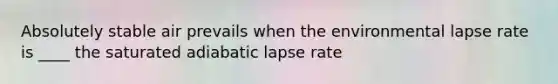 Absolutely stable air prevails when the environmental lapse rate is ____ the saturated adiabatic lapse rate