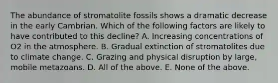 The abundance of stromatolite fossils shows a dramatic decrease in the early Cambrian. Which of the following factors are likely to have contributed to this decline? A. Increasing concentrations of O2 in the atmosphere. B. Gradual extinction of stromatolites due to climate change. C. Grazing and physical disruption by large, mobile metazoans. D. All of the above. E. None of the above.