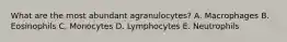 What are the most abundant agranulocytes? A. Macrophages B. Eosinophils C. Monocytes D. Lymphocytes E. Neutrophils