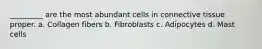 _________ are the most abundant cells in connective tissue proper. a. Collagen fibers b. Fibroblasts c. Adipocytes d. Mast cells