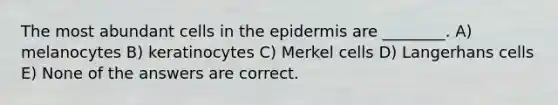 The most abundant cells in the epidermis are ________. A) melanocytes B) keratinocytes C) Merkel cells D) Langerhans cells E) None of the answers are correct.