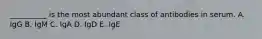 __________ is the most abundant class of antibodies in serum. A. IgG B. IgM C. IgA D. IgD E. IgE