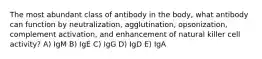 The most abundant class of antibody in the body, what antibody can function by neutralization, agglutination, opsonization, complement activation, and enhancement of natural killer cell activity? A) IgM B) IgE C) IgG D) IgD E) IgA