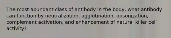 The most abundant class of antibody in the body, what antibody can function by neutralization, agglutination, opsonization, complement activation, and enhancement of natural killer cell activity?