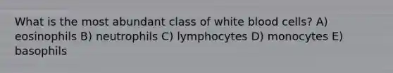 What is the most abundant class of white blood cells? A) eosinophils B) neutrophils C) lymphocytes D) monocytes E) basophils