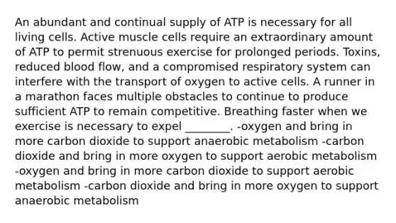 An abundant and continual supply of ATP is necessary for all living cells. Active muscle cells require an extraordinary amount of ATP to permit strenuous exercise for prolonged periods. Toxins, reduced blood flow, and a compromised respiratory system can interfere with the transport of oxygen to active cells. A runner in a marathon faces multiple obstacles to continue to produce sufficient ATP to remain competitive. Breathing faster when we exercise is necessary to expel ________. -oxygen and bring in more carbon dioxide to support anaerobic metabolism -carbon dioxide and bring in more oxygen to support aerobic metabolism -oxygen and bring in more carbon dioxide to support aerobic metabolism -carbon dioxide and bring in more oxygen to support anaerobic metabolism