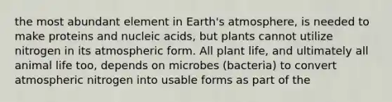 the most abundant element in Earth's atmosphere, is needed to make proteins and nucleic acids, but plants cannot utilize nitrogen in its atmospheric form. All plant life, and ultimately all animal life too, depends on microbes (bacteria) to convert atmospheric nitrogen into usable forms as part of the