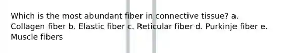 Which is the most abundant fiber in <a href='https://www.questionai.com/knowledge/kYDr0DHyc8-connective-tissue' class='anchor-knowledge'>connective tissue</a>? a. Collagen fiber b. Elastic fiber c. Reticular fiber d. Purkinje fiber e. Muscle fibers