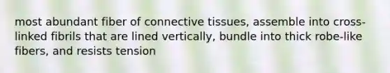 most abundant fiber of <a href='https://www.questionai.com/knowledge/kYDr0DHyc8-connective-tissue' class='anchor-knowledge'>connective tissue</a>s, assemble into cross-linked fibrils that are lined vertically, bundle into thick robe-like fibers, and resists tension