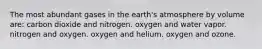 The most abundant gases in the earth's atmosphere by volume are: carbon dioxide and nitrogen. oxygen and water vapor. nitrogen and oxygen. oxygen and helium. oxygen and ozone.