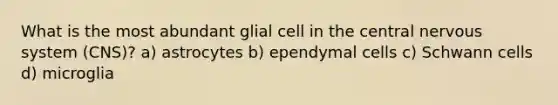 What is the most abundant glial cell in the central nervous system (CNS)? a) astrocytes b) ependymal cells c) Schwann cells d) microglia