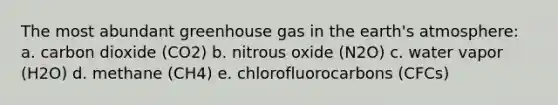 The most abundant greenhouse gas in the earth's atmosphere: a. carbon dioxide (CO2) b. nitrous oxide (N2O) c. water vapor (H2O) d. methane (CH4) e. chlorofluorocarbons (CFCs)