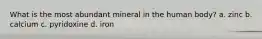 What is the most abundant mineral in the human body? a. zinc b. calcium c. pyridoxine d. iron