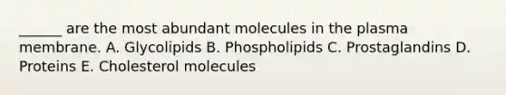 ______ are the most abundant molecules in the plasma membrane. A. Glycolipids B. Phospholipids C. Prostaglandins D. Proteins E. Cholesterol molecules