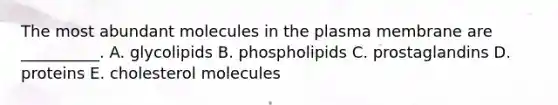 The most abundant molecules in the plasma membrane are __________. A. glycolipids B. phospholipids C. prostaglandins D. proteins E. cholesterol molecules