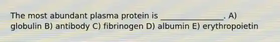 The most abundant plasma protein is ________________. A) globulin B) antibody C) fibrinogen D) albumin E) erythropoietin