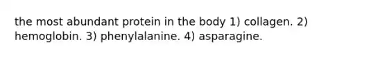 the most abundant protein in the body 1) collagen. 2) hemoglobin. 3) phenylalanine. 4) asparagine.