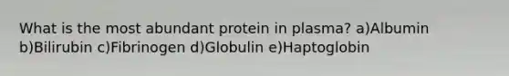 What is the most abundant protein in plasma? a)Albumin b)Bilirubin c)Fibrinogen d)Globulin e)Haptoglobin