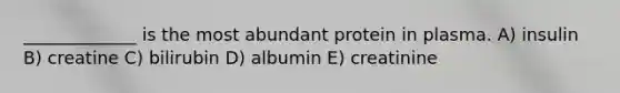 _____________ is the most abundant protein in plasma. A) insulin B) creatine C) bilirubin D) albumin E) creatinine