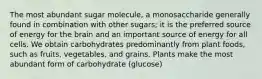 The most abundant sugar molecule, a monosaccharide generally found in combination with other sugars; it is the preferred source of energy for the brain and an important source of energy for all cells. We obtain carbohydrates predominantly from plant foods, such as fruits, vegetables, and grains. Plants make the most abundant form of carbohydrate (glucose)