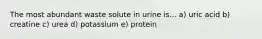 The most abundant waste solute in urine is... a) uric acid b) creatine c) urea d) potassium e) protein