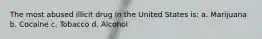The most abused illicit drug in the United States is: a. Marijuana b. Cocaine c. Tobacco d. Alcohol