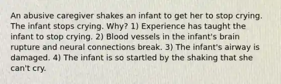 An abusive caregiver shakes an infant to get her to stop crying. The infant stops crying. Why? 1) Experience has taught the infant to stop crying. 2) Blood vessels in the infant's brain rupture and neural connections break. 3) The infant's airway is damaged. 4) The infant is so startled by the shaking that she can't cry.