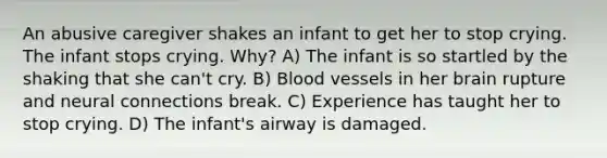 An abusive caregiver shakes an infant to get her to stop crying. The infant stops crying. Why? A) The infant is so startled by the shaking that she can't cry. B) Blood vessels in her brain rupture and neural connections break. C) Experience has taught her to stop crying. D) The infant's airway is damaged.