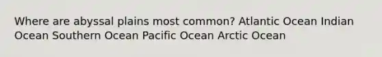 ​Where are abyssal plains most common?​ Atlantic Ocean ​Indian Ocean ​Southern Ocean ​Pacific Ocean ​Arctic Ocean