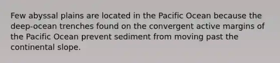 Few abyssal plains are located in the Pacific Ocean because the deep-ocean trenches found on the convergent active margins of the Pacific Ocean prevent sediment from moving past the continental slope.