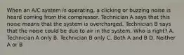 When an A/C system is operating, a clicking or buzzing noise is heard coming from the compressor. Technician A says that this noise means that the system is overcharged. Technician B says that the noise could be due to air in the system. Who is right? A. Technician A only B. Technician B only C. Both A and B D. Neither A or B