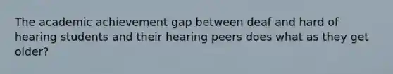 The academic achievement gap between deaf and hard of hearing students and their hearing peers does what as they get older?