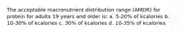 The acceptable macronutrient distribution range (AMDR) for protein for adults 19 years and older is: a. 5-20% of kcalories b. 10-30% of kcalories c. 30% of kcalories d. 10-35% of kcalories