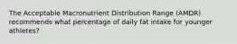 The Acceptable Macronutrient Distribution Range (AMDR) recommends what percentage of daily fat intake for younger athletes?