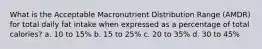 What is the Acceptable Macronutrient Distribution Range (AMDR) for total daily fat intake when expressed as a percentage of total calories? a. 10 to 15% b. 15 to 25% c. 20 to 35% d. 30 to 45%