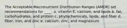 The Acceptable Macronutrient Distribution Ranges (AMDR) set recommendations for ____. a. vitamin E, calcium, and lipids b. fat, carbohydrates, and protein c. phytochemicals, lipids, and fiber d. fiber, iron, and zinc e. calcium, zinc, and magnesium